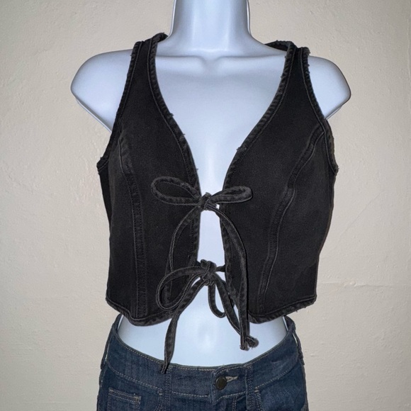 Black Denim Tie Front Vest - Picture 1 of 10